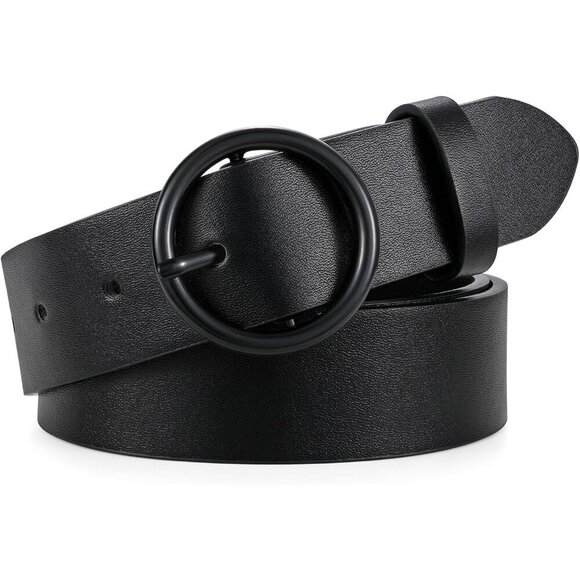 Women Leather Belt with Circle Black Buckle Fashion Ladies Waist Belt Black main image 7